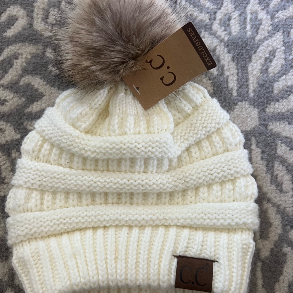 C.C Kids Cream Knit Beanie with Faux Fur Pom